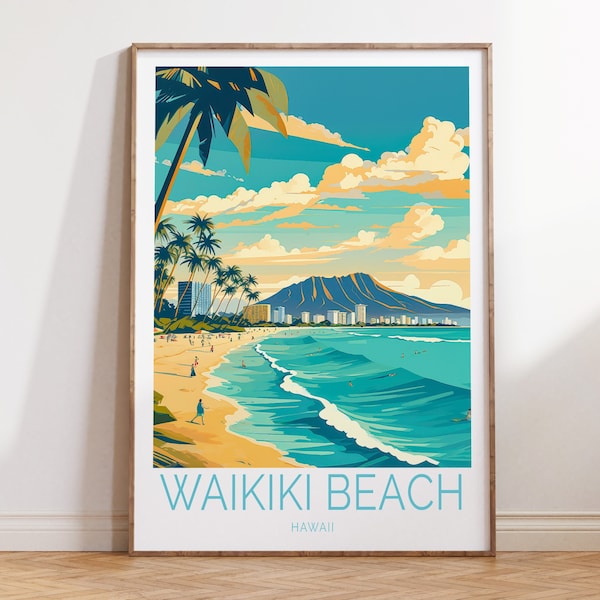 Hawaii Waikiki Beach Coastal Travel Poster, Waikiki Hawaii Trail Wall Art, Hawaii Coastal Travel Wall Art, Airbnb Coastal Travel Poster