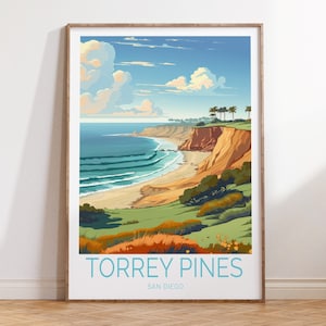 Cartel de viaje de Torrey Pines Coastal California, Arte de pared costera de Torrey Pines San Diego, Arte de pared de viaje de Torrey Pines