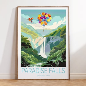 Póster de viaje del Parque Nacional Paradise Falls, impresión artística de la película Up, impresión de la casa con globos de Up, póster de cascada, arte mural del parque nacional