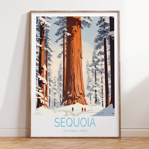 Póster de viaje al Parque Nacional Sequoia, póster de invierno al Parque Nacional Sequoia, arte mural con impresión de viaje a Sequoia California, impresión del parque nacional