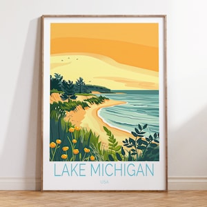 May include: A colorful illustration of a beach scene with a sandy shore, blue water, and green trees. The sky is a gradient of yellow and orange. The text "LAKE MICHIGAN USA" is at the bottom of the image.