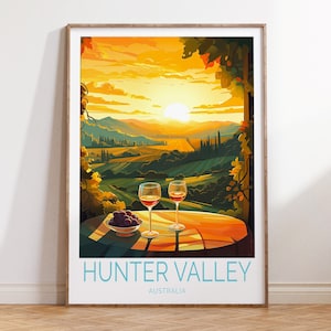 Impressão de Hunter Valley, arte de parede da cidade da Austrália, pôster de viagem de Hunter Valley Austrália, pôster de pôr do sol de Hunter Valley, presente de casamento