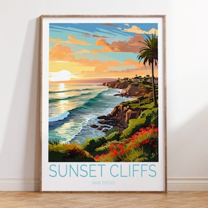 Sunset Cliffs San Diego California Coastal Travel Poster, Sunset Cliffs Poster Wall Art, Sunset Cliffs California Travel Wall Art