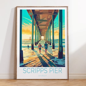 Scripps Memorial Pier La Jolla California Coastal Travel Poster, La Jolla Scripps Poster Wall Art, San Diego La Jolla Surfing