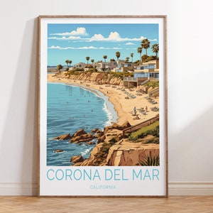 Cartel de viaje de Corona Del Mar Newport Beach California, arte de la pared costera de California, arte de la pared de viaje de Newport Beach