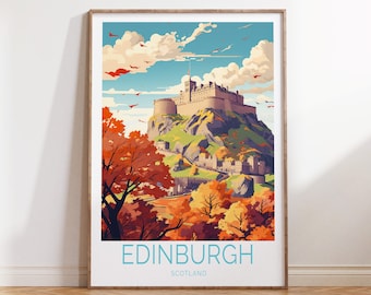 May include: A vintage travel poster featuring a colorful illustration of Edinburgh Castle in Scotland. The castle is perched on a hilltop with trees in the foreground. The sky is blue with white clouds. The text "EDINBURGH" is in a light blue font and "SCOTLAND" is in a smaller font below.