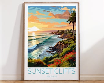 Sunset Cliffs San Diego California Coastal Travel Poster, Sunset Cliffs Poster Wall Art, Sunset Cliffs California Travel Wall Art