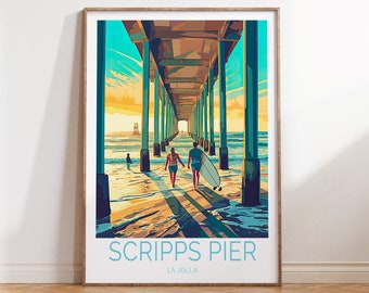 Scripps Memorial Pier La Jolla California Coastal Travel Poster, La Jolla Scripps Poster Wall Art, San Diego La Jolla Surfing