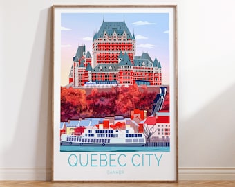 Puede incluir: Una ilustración colorida del Château Frontenac en la ciudad de Quebec, Canadá. El edificio es rojo con detalles verdes y está rodeado de árboles. Un barco está en primer plano, y el texto "QUEBEC CITY" está en la parte inferior de la imagen.