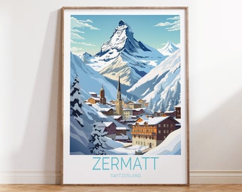 Zermatt Switzerland Travel Poster, Zermatt Switzerland Winter Poster, Zermatt Switzerland Travel Wall Art, Switzerland Travel Gift
