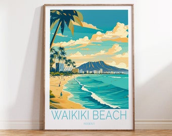 Hawaii Waikiki Beach Coastal Travel Poster, Waikiki Hawaii Trail Wall Art, Hawaii Coastal Travel Wall Art, Airbnb Coastal Travel Poster