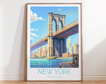 Cartaz de viagem da Ponte do Brooklyn em Nova York, presente de viagem em Nova York, decoração de parede de viagem da Ponte do Brooklyn, arte de parede de viajante nova-iorquino
