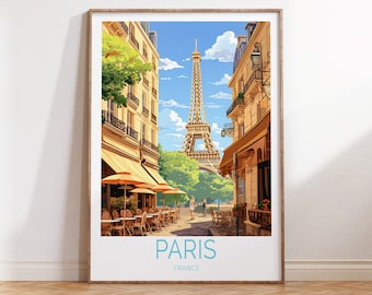 May include: A colourful illustration of a Parisian street scene with the Eiffel Tower in the background. The street is lined with buildings and there are people sitting at outdoor cafes. The text "PARIS FRANCE" is at the bottom of the image.