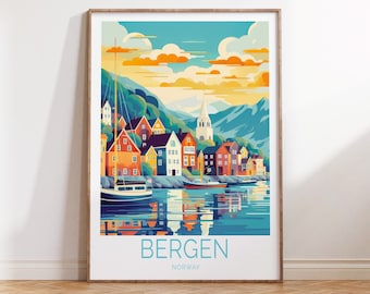 Bergen Norway Travel Poster,Bergen Norway Poster,Bergen Norway Travel Wall Art,Bergen Travel Gift, Birthday Present