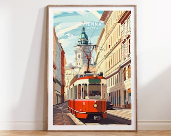 May include: A vintage-style illustration of a red and white tram traveling down a street in Vienna, Austria. The tram is surrounded by colorful buildings with a tall church tower in the background. The text "VIENNA AUSTRIA" is displayed at the top of the image.