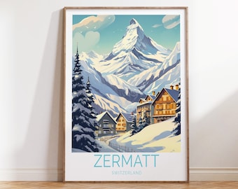 Zermatt Switzerland Travel Poster, Zermatt Switzerland Winter Poster, Zermatt Switzerland Travel Wall Art, Switzerland Travel Gift