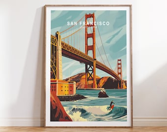 May include: A vintage travel poster featuring a colorful illustration of the Golden Gate Bridge in San Francisco, California. The poster has a retro style and features a surfer riding a wave in the foreground.