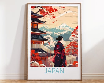 May include: A vintage travel poster featuring a woman in a traditional Japanese kimono standing in front of a red pagoda with Mount Fuji in the background. The poster has the word "JAPAN" printed in blue at the bottom.