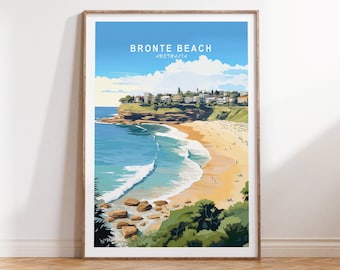 May include: A colourful illustration of Bronte Beach in Sydney, Australia. The image shows a view of the beach from a clifftop, with the ocean in the foreground and the city in the background. The sky is blue with white clouds.