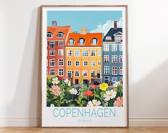 Può includere: Un'illustrazione colorata di edifici colorati a Copenaghen, Danimarca. Gli edifici sono gialli, arancioni e blu con finestre bianche. Gli edifici sono circondati da un lussureggiante giardino verde con fiori rosa, bianchi e gialli. Il testo "Copenaghen, Danimarca" è in basso nell'immagine.