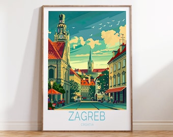 May include: A colorful illustration of a cityscape in Zagreb, Croatia. The image features a tall clock tower, a church steeple, and other buildings. The sky is blue with white clouds and there are birds flying overhead. The text "ZAGREB" and "CROATIA" is at the bottom of the image.