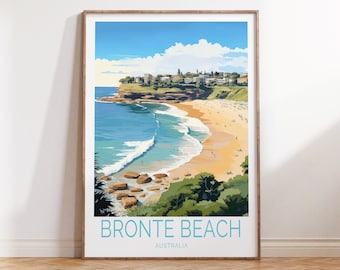 May include: A colorful illustration of Bronte Beach in Australia. The image shows a view of the beach from a clifftop, with the ocean in the foreground and the beach in the middle ground. The beach is crowded with people, and there are buildings in the background.