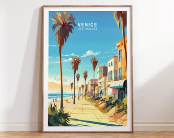 May include: A colorful illustration of Venice Beach in Los Angeles, California. The image features palm trees, colorful buildings, a boardwalk, and the ocean in the background. The text "VENICE LOS ANGELES" is displayed at the top of the image.