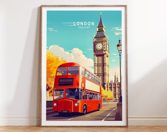 Póster de viaje a Londres, arte mural del Reino Unido, póster de Londres, impresión del Big Ben, impresión de viaje tradicional a Londres, regalo de cumpleaños