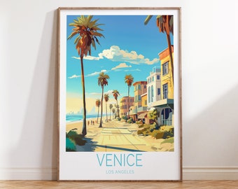 May include: A colorful illustration of a beach scene in Venice, Los Angeles. The image features palm trees, buildings, and a boardwalk with people walking on it. The text "VENICE" and "LOS ANGELES" is at the bottom of the image.