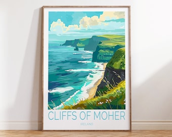 Cliffs of Moher reisposter, kunst aan de muur Ierland kust, Cliffs of Moher, Ierland print, Ierland geschenken, huwelijkscadeau, gepersonaliseerde geschenken