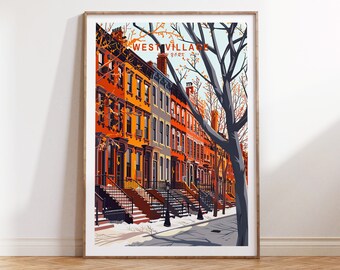 May include: A colorful illustration of a street scene in the West Village neighborhood of New York City. The image features a row of brick buildings with brown doors and windows, a tree with bare branches, and a sidewalk with snow on the ground. The text "WEST VILLAGE NEW YORK" is visible at the top of the image.