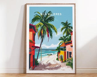 Könnte beinhalten: Eine farbenfrohe Illustration einer Strandszene in Isla Mujeres, Mexiko. Das Bild zeigt Palmen, bunte Gebäude, einen Sandstrand und türkisfarbenes Wasser.