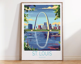 May include: A colorful illustration of the Gateway Arch in St. Louis, Missouri. The arch is reflected in the water below, with the city skyline in the background. The text "ST. LOUIS" and "MISSOURI" is printed below the arch.