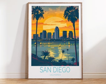 Póster de San Diego, California, arte mural de viajes a California, póster de puesta de sol en San Diego, póster de viaje personalizado de EE. UU., regalos personalizados