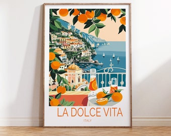 May include: A colorful illustration of a coastal Italian town with orange trees, a balcony overlooking the sea, and two glasses of Aperol Spritz. The text "LA DOLCE VITA" and "ITALY" is printed below the image.