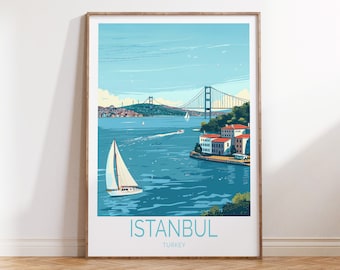 May include: A vintage travel poster featuring a colorful illustration of the Bosphorus Bridge in Istanbul, Turkey. The poster has a blue and white sailboat in the foreground and the text "ISTANBUL TURKEY" at the bottom.