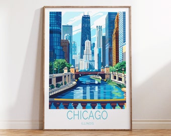 Chicago Illinois Travel Poster, Illinois Wall Art, USA Custom Travel Poster, Chicago Travel Gifts, Birthday Present