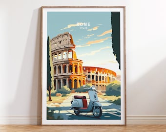 Puede incluir: Un póster de viaje de estilo vintage con el Coliseo de Roma, Italia. El póster está ilustrado en un estilo plano y colorido y presenta un scooter azul claro en primer plano. El texto "ROME 174.21" se muestra en la parte superior del póster.