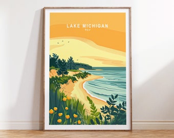 Lake Michigan Poster, USA Coast Print, Lake Michigan Wall Art, Sunset Poster, USA City Poster, Personalised Gifts, Travel Poster
