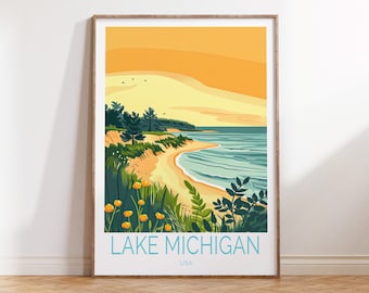Lake Michigan Sunset Print, USA Travel Poster, USA Wall Decor, Lake Michigan Travel Wall Art, Coast Poster, Birthday Gifts