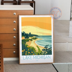 May include: A vintage-style poster with a yellow, orange, and blue color scheme depicting a beach scene with a sandy shore, blue water, and green trees. The poster has the text "LAKE MICHIGAN USA" at the bottom.