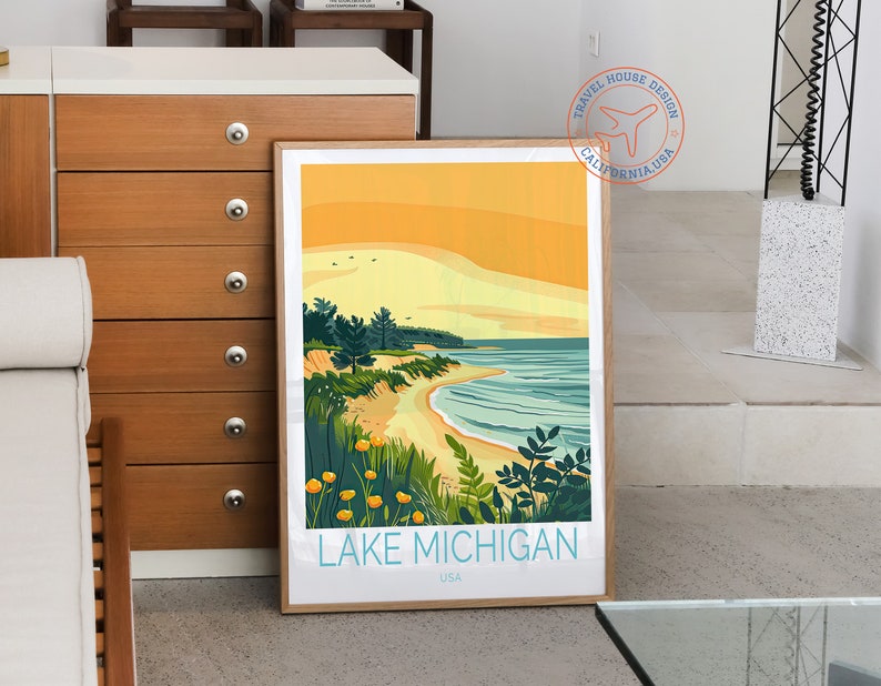 May include: A vintage-style poster with a yellow, orange, and blue color scheme depicting a beach scene with a sandy shore, blue water, and green trees. The poster has the text "LAKE MICHIGAN USA" at the bottom.