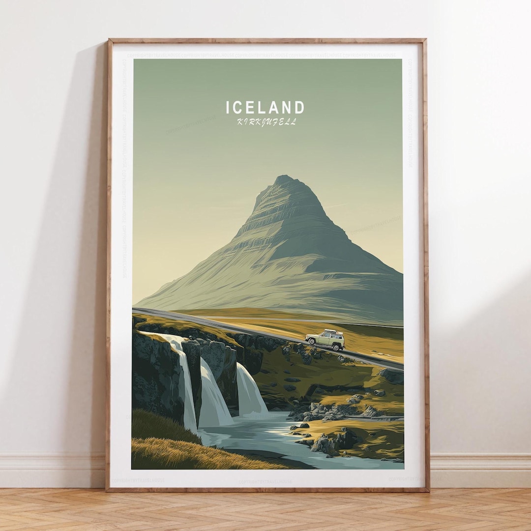 Iceland Travel Poster, Iceland Kirkjufell Travel Wall Art