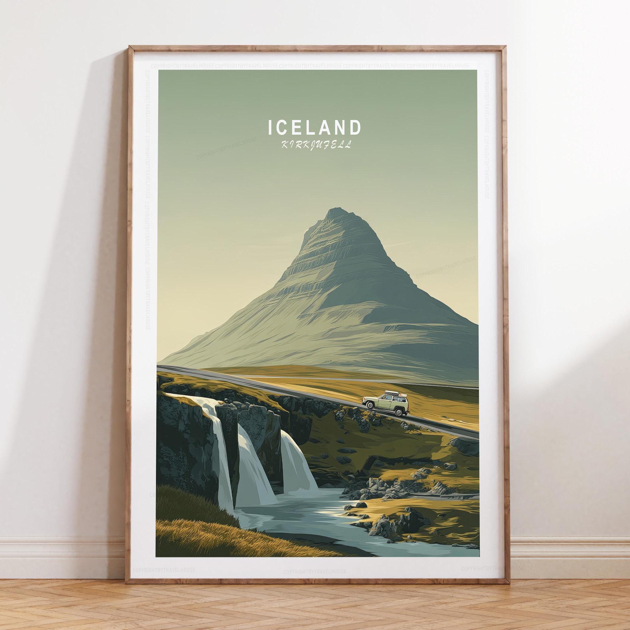 FREE フリー ヴィンテージ ポスター　73cm x 52cm Iceland Travel Poster, Iceland Kirkjufell Travel Wall Art