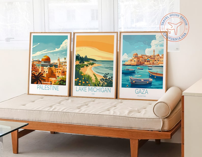 May include: Three framed travel posters with vintage-style illustrations. The posters feature scenes from Palestine, Lake Michigan, and Gaza. Each poster has a blue and white color scheme and includes the name of the location in a blue font.