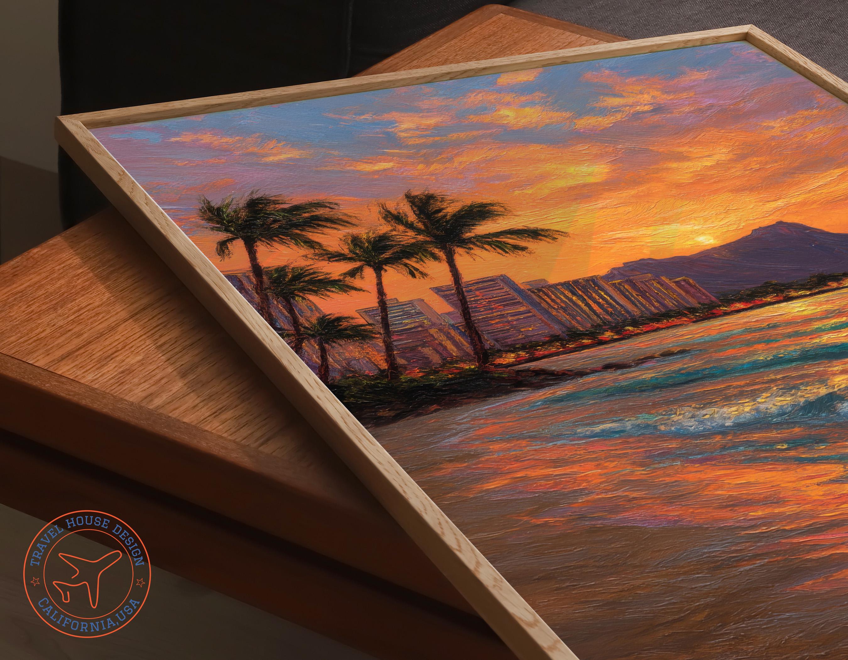ハワイの夕日の油絵、ホノルルビーチの壁画、ダイヤモンドヘッドの風景