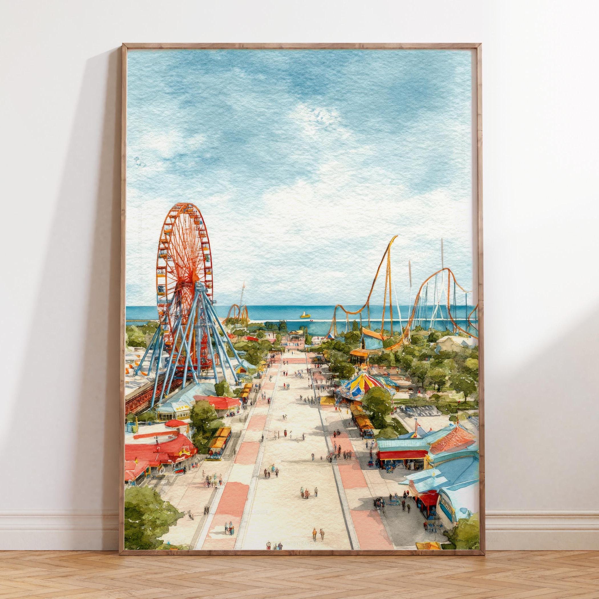 Cedar Point Ohio Watercolor Poster, Lakeside Amusement View