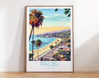 Póster de viaje a Malibú, California, arte mural de California, impresión de viaje a Malibú, California, regalos de cumpleaños, regalo de boda