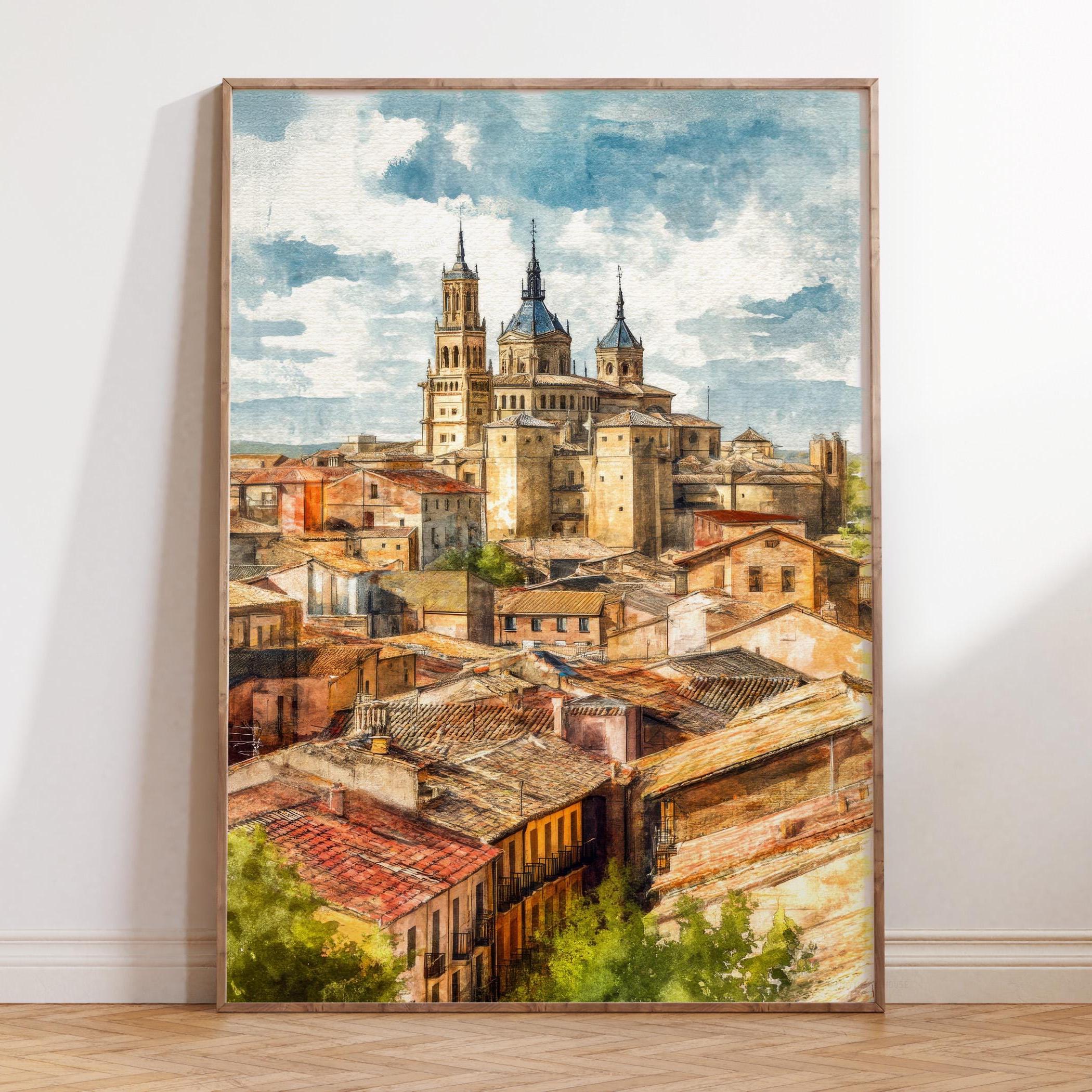 Segovia Spain Watercolor Painting, Historic Old Town Rooftops