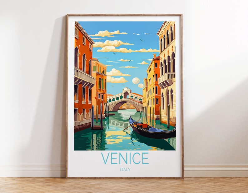 Puede incluir: Una ilustraci&oacute;n colorida de una g&oacute;ndola flotando por un canal en Venecia, Italia. El Puente de Rialto es visible en el fondo. El texto "VENICE ITALY" est&aacute; impreso en la parte inferior de la imagen.